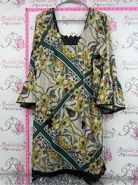 Dress ruffle frill Floral Geometric Midi Dress in Green and Cream
